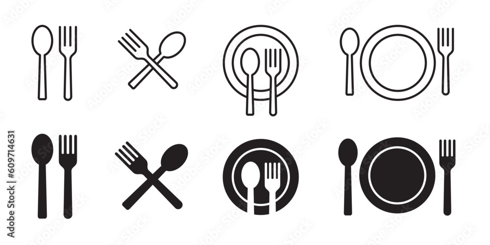 Fork & spoon icon vector set. Restaurant utensil symbol. Dinner dish or plate with spoon and fork sign outline for apps and websites. - obrazy, fototapety, plakaty 