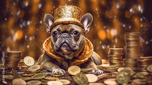 Generative AI. A gentleman French Bulldog in a nice suit with a hat is sitting among gold and with bundles of money