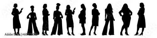 Vector illustration. Big set of female silhouettes. Different woman in various poses. Different physique.