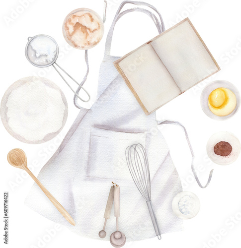 Watercolor Compositions With Apron, Fresh Bread, Baking Ingredients And Tools