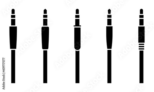 Set of audio jack vector icons. Black silhouette with cable or wire with audio jack connector. Vector 10 Eps.