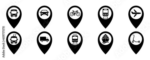 Places for transport. Places with vehicles on map. Black silhouette with bus, tsar, tram, metro, plane, tran, spike, bike and van. Vector 10 Eps.