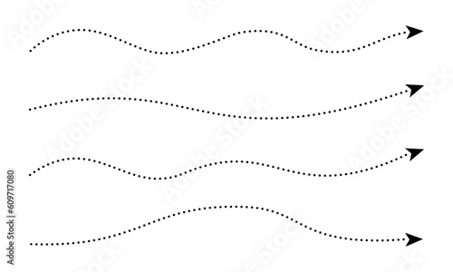 Set of long black dashed arrows on white background. Dashed lines. Direction, way or pointer.