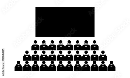 Cinema hall vector icons on white background. Movie hall with crowd auditorium. Audience watching premiere on chair. 