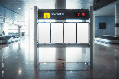 Empty flight information mock-up boards in Barcelona airport. Standing against a column, bathed in bright white light, awaiting passengers' attention