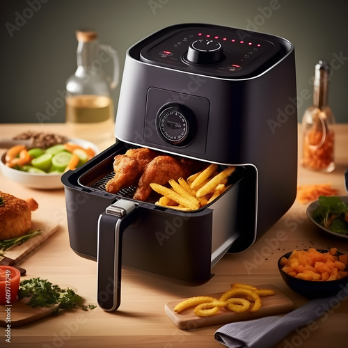 Fast food concept. Fried chicken with french fries in an air fryer. AI Generative