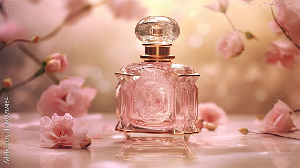 Romantic Perfume Bottle with Rose Petals. Created with Generative AI Romantic Perfume Bottle with Rose Petals. Created with Generative AI