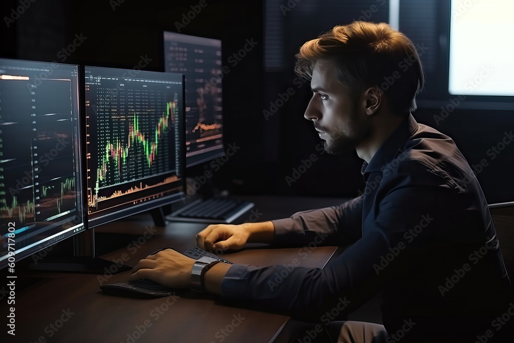 Trader works and follows the stock market chart. The man follows the graphs displayed by the laptop and notes the changes in the notebook, generative AI Trader works and follows the stock market chart. The man follows the graphs displayed by the laptop and notes the changes in the notebook, generative AI