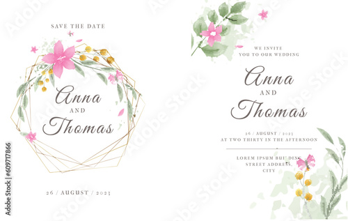 Watercolor wedding invitation template with flowers and leaves Vector illustration