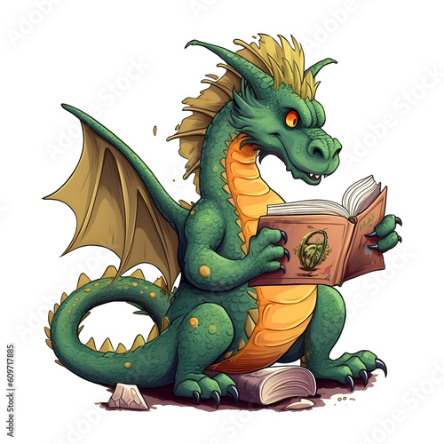 Cartoon green dragon reading a book. Isolated on white background. AI Generative