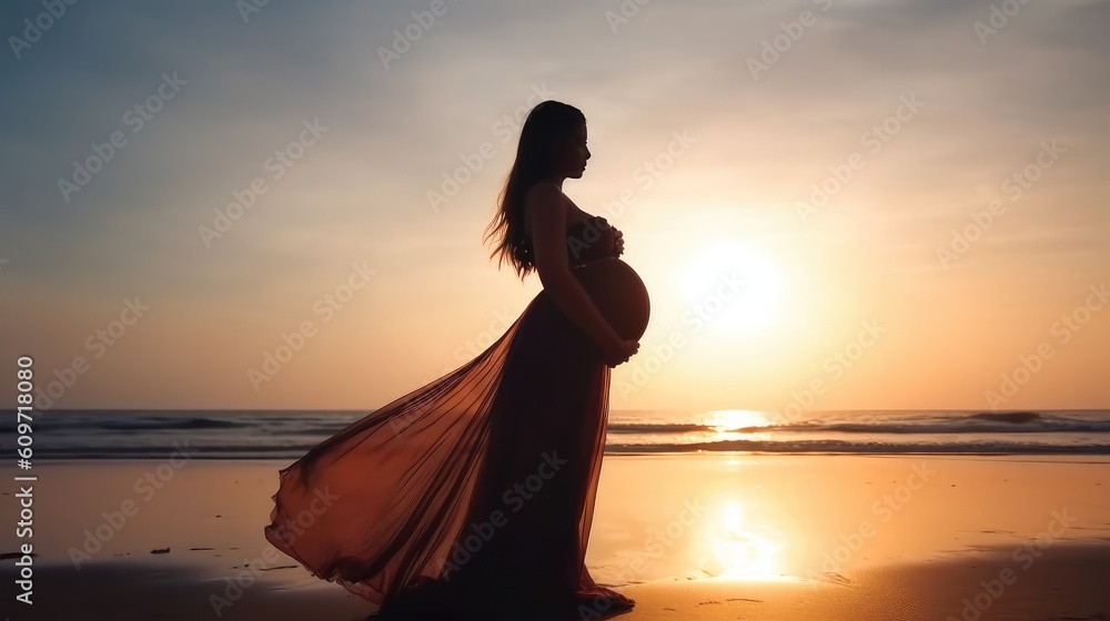 Pregnant woman silhouette on sea beach, future mother waiting birth of baby, woman with pregnant
