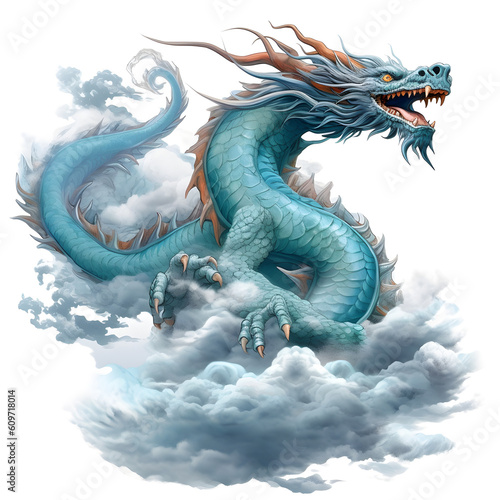 Blue dragon in the clouds - isolated on white background. AI Generative