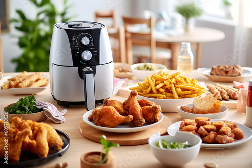 Air Fryer with Fried chicken, french fries, fried potatoes, salad and toaster on a wooden table. AI Generative