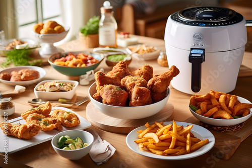 Fried chicken nuggets with french fries and sauce on a wooden table and Air Fryer. AI Generative