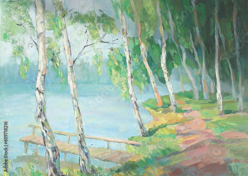 Fototapeta Naklejka Na Ścianę i Meble -  Oil paintings landscape, river and trees, countryside