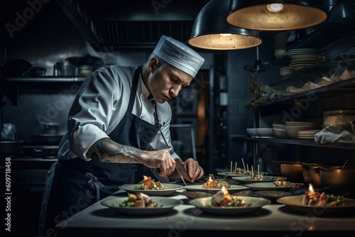 The master serves plates before serving in a restaurant. Portrait of a cook in the kitchen while preparing food, the work of a chef in the kitchen, generative AI.