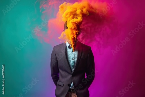 Emotional burnout of an office worker. Head explosion concept with different colors and colorful smoke