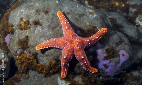  a starfish is laying on a rock in the ocean.  generative ai © Anna
