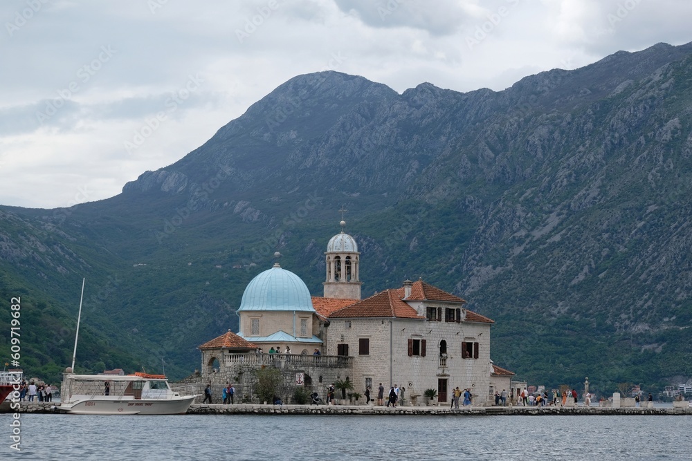 Island of Our Lady of Rock (Gospa od Škrpjela) - an artificial island with ancient church in the Adriatic Sea near town of Perast, Montenegro.