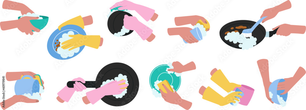 Hands washing dishes in rubber gloves. Isolated clean plates and pan, female cleaning with sponge and brush. Decent vector kitchen cleaner set