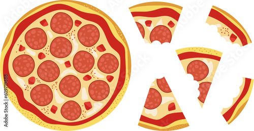 Pizza slice, slicing salami pizza. Top view italian food, eating cute yummy fast food. Restaurant or delivery decent vector flat graphic elements