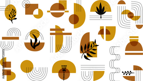 Modern mid century elements, vintage minimal geometric design with wave, plants and shapes. Sketch decoration, minimalist retro neoteric vector graphic
