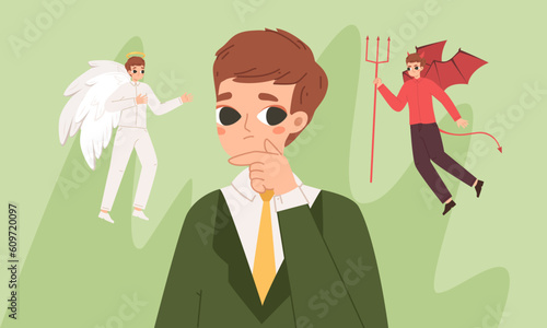 Shoulder devil and angel. Kind and evil human advisor, student, teens or businessman thinking and choose. Difficult choice, snugly vector characters