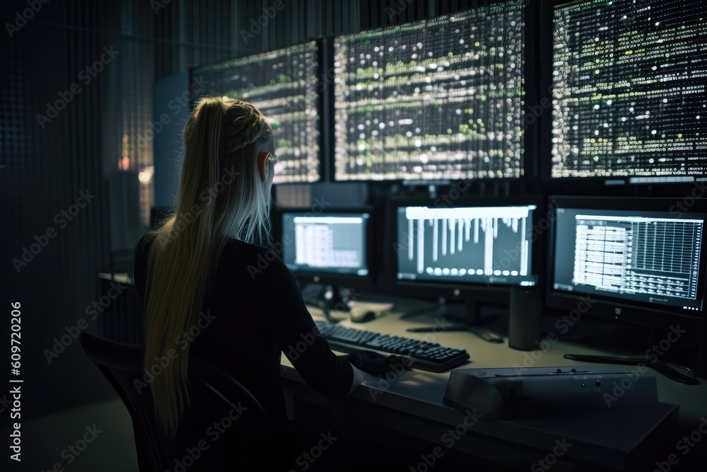Side view of female hacker using computer in dark room. Blurred background, A female programmer coding and working on a computer in her office, AI Generated Side view of female hacker using computer in dark room. Blurred background, A female programmer coding and working on a computer in her office, AI Generated