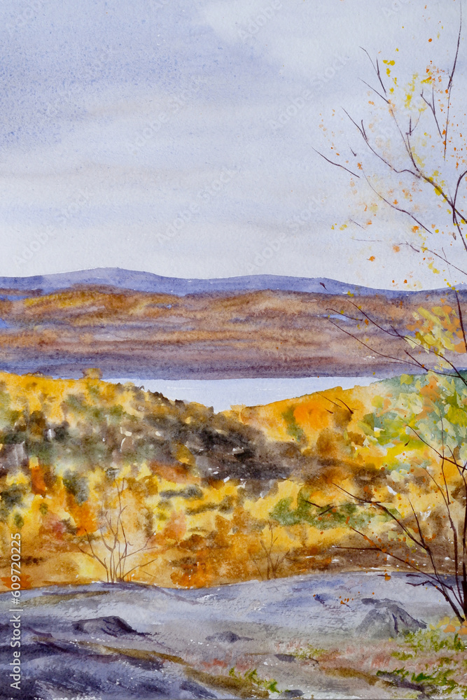 Hand-drawn Watercolor Autumn Illustration Of a Forest Lake In The Mountains