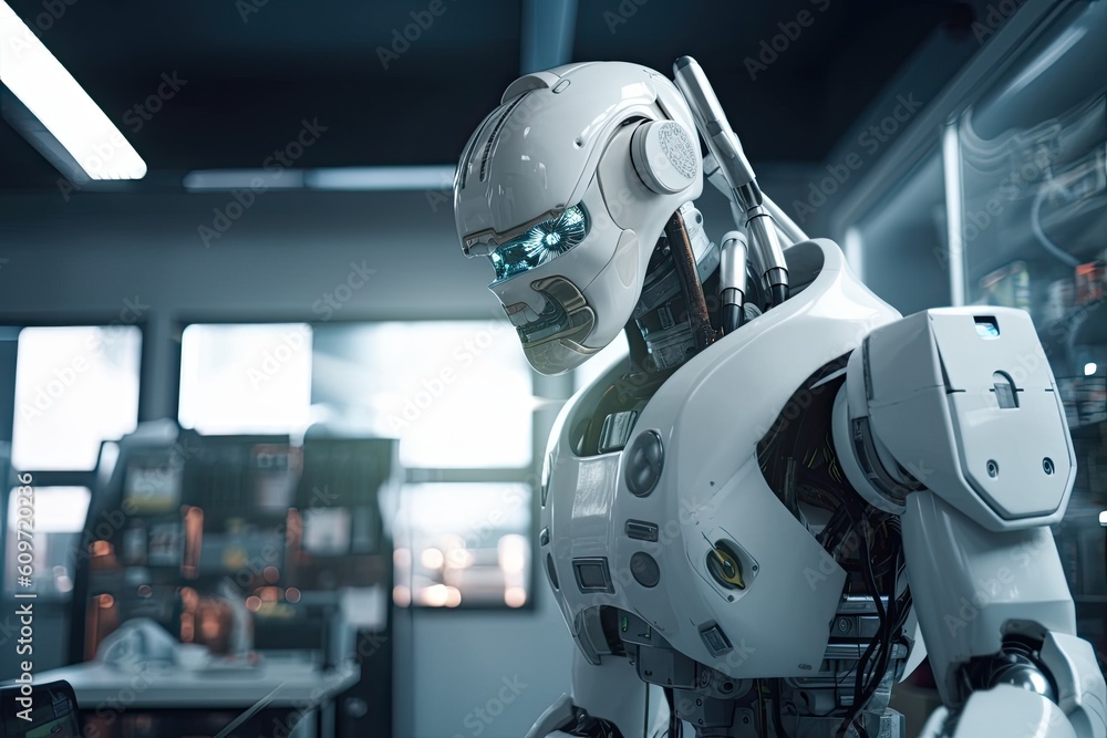 3d rendering humanoid robot working in modern office, future technology concept, AI Generated 3d rendering humanoid robot working in modern office, future technology concept, AI Generated
