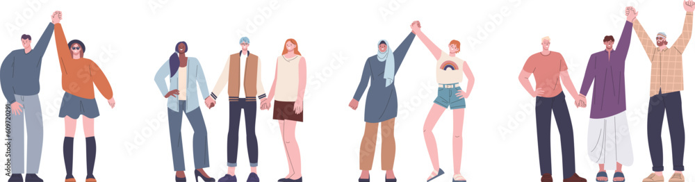 Obraz premium People holding hands. Happy multicultural different characters, men and women, young and adult. International community, vector friendship scenes