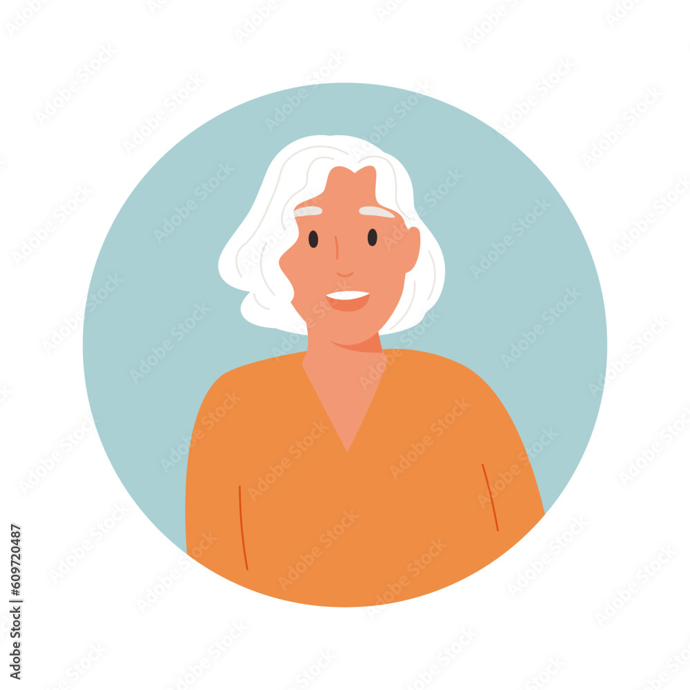 Avatar of an elderly woman. Smiling elderly woman with gray hair. Vector illustration of people characters. Avatar of an elderly woman. Smiling elderly woman with gray hair. Vector illustration of people characters.