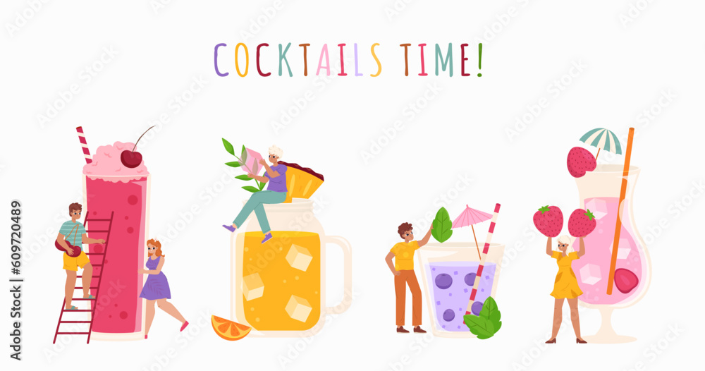 Fototapeta premium Young adults, teenagers and cocktails. Summer cocktail, sweet drinks for beach pool party. Fruits and berries, cute people vector set