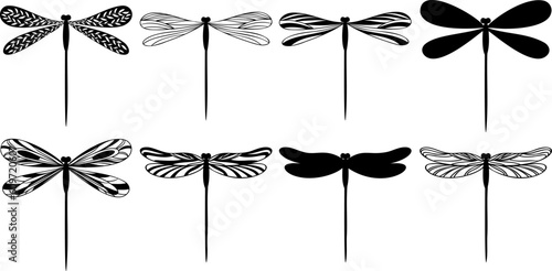 Stylized linear flying dragonflies, silhouette vector flat illustration