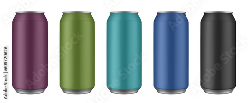  Set of purple, green, aquamarine blue and black tin cans of beer, energy drink, juice or soda. Cold beverage