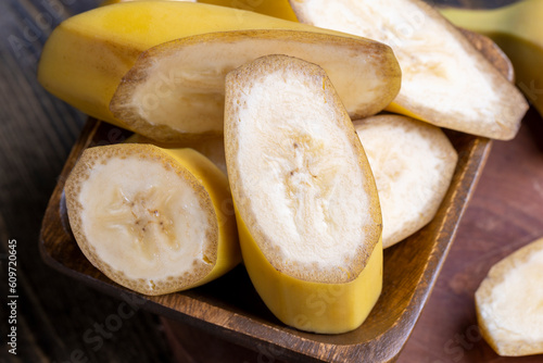 Sliced ripe yellow banana, close up