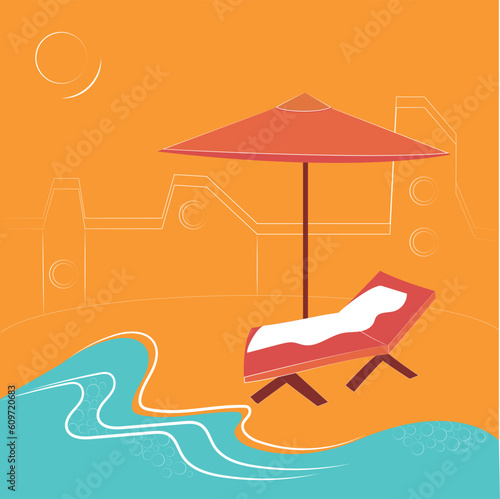Summer illustration, sand castle, sea, sun,