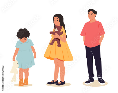 Collection of cartoons about happy children. Children of different ages in different positions.