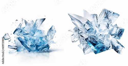 Set of peaces of crushed ice. Shards of ice or crystals isolated on white background.