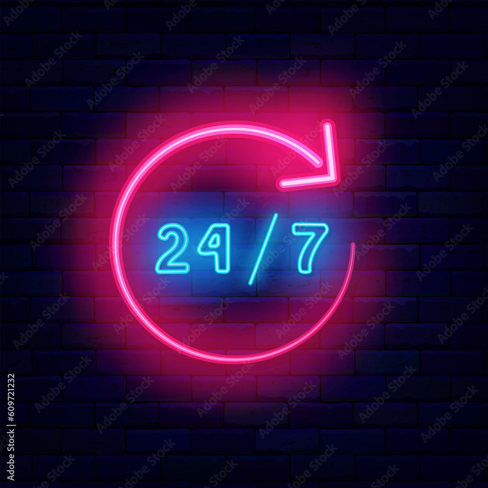 Around the clock neon label. Circle arrow with 24 on 7. Night club, bar and market sign. Vector stock illustration Around the clock neon label. Circle arrow with 24 on 7. Night club, bar and market sign. Vector stock illustration