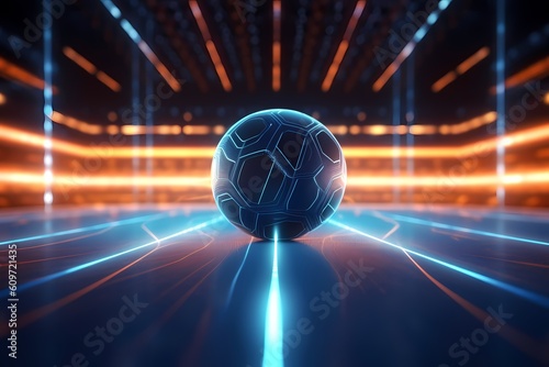 Futsal ball poster concept in the center of a futuristic indoor soccer field or stadium with glowing neon tubes lines background. 3D style. Generative Ai.