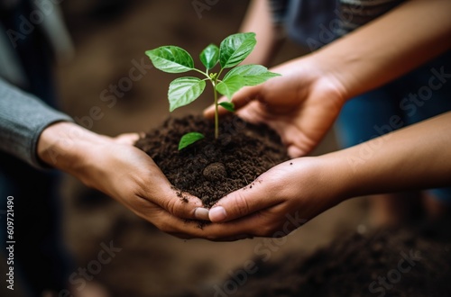 An inspiring image of hands nurturing soil and fostering plant growth. Symbolizing the harmony between humans and nature, this photo represents sustainable gardening and the beauty of cultivating life