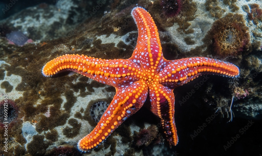 an orange and white starfish on a coral with other corals. generative ai an orange and white starfish on a coral with other corals. generative ai