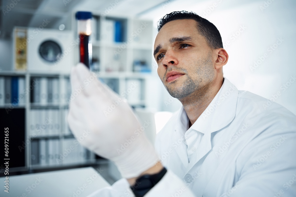 Man, scientist and analysis of blood in test tube, DNA and science experiment in laboratory. Male doctor with gloves, study sample and forensics, scientific innovation and medical research in lab