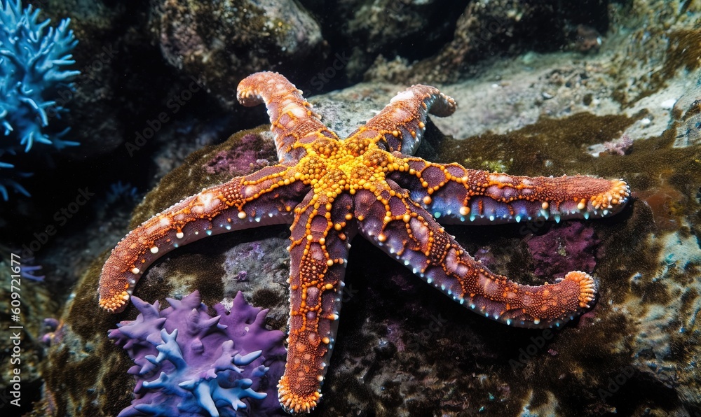 an orange and yellow starfish on a coral in the ocean. generative ai an orange and yellow starfish on a coral in the ocean. generative ai