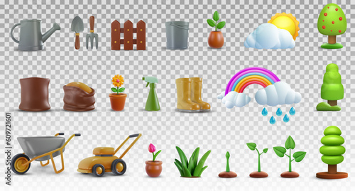 Set garden elements. Collection farm quipement on transparent background. Bright design objects in 3d realistic style. Modern minimal vector illustration, icon.