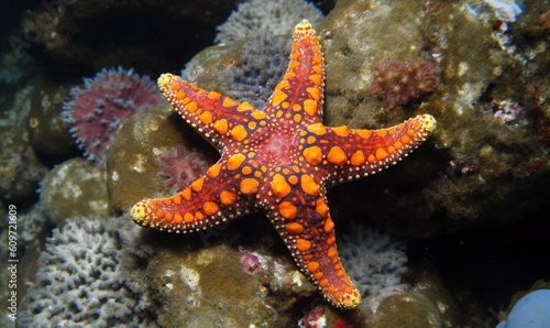  a starfish is sitting on a coral in the ocean.  generative ai © Anna