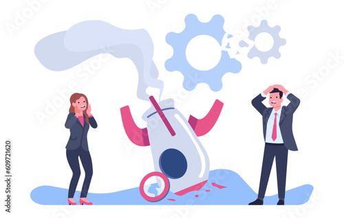 Business project crash. Entrepreneur failure. Frustrated man or woman standing at broken rocket of startup. Businessman fail. Unsuccessful strategy. Economy recession. Vector concept