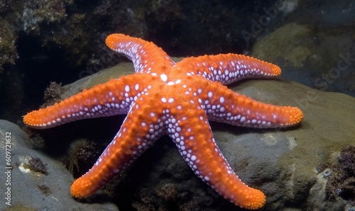  an orange and white starfish on a rock in the ocean.  generative ai
