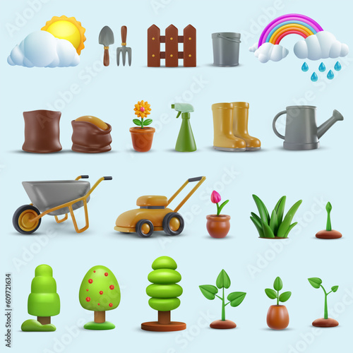 Set garden elements. Collection farm quipement on blue background. Bright design objects in 3d realistic style. Modern minimal vector illustration, icon.